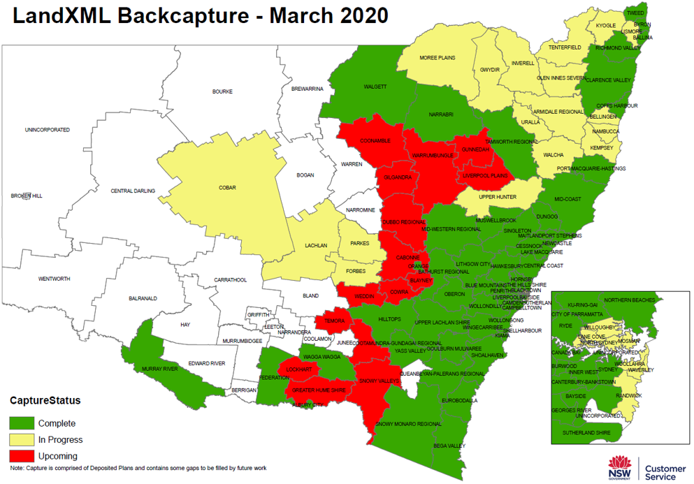 This image shows the capture status of LandXML backcapture in NSW in March 2020. The project is due for completion in mid-2022.